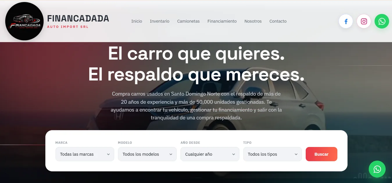 Página web de Financadada Auto Import, proyecto de dealer de vehículos desarrollado por PROMES